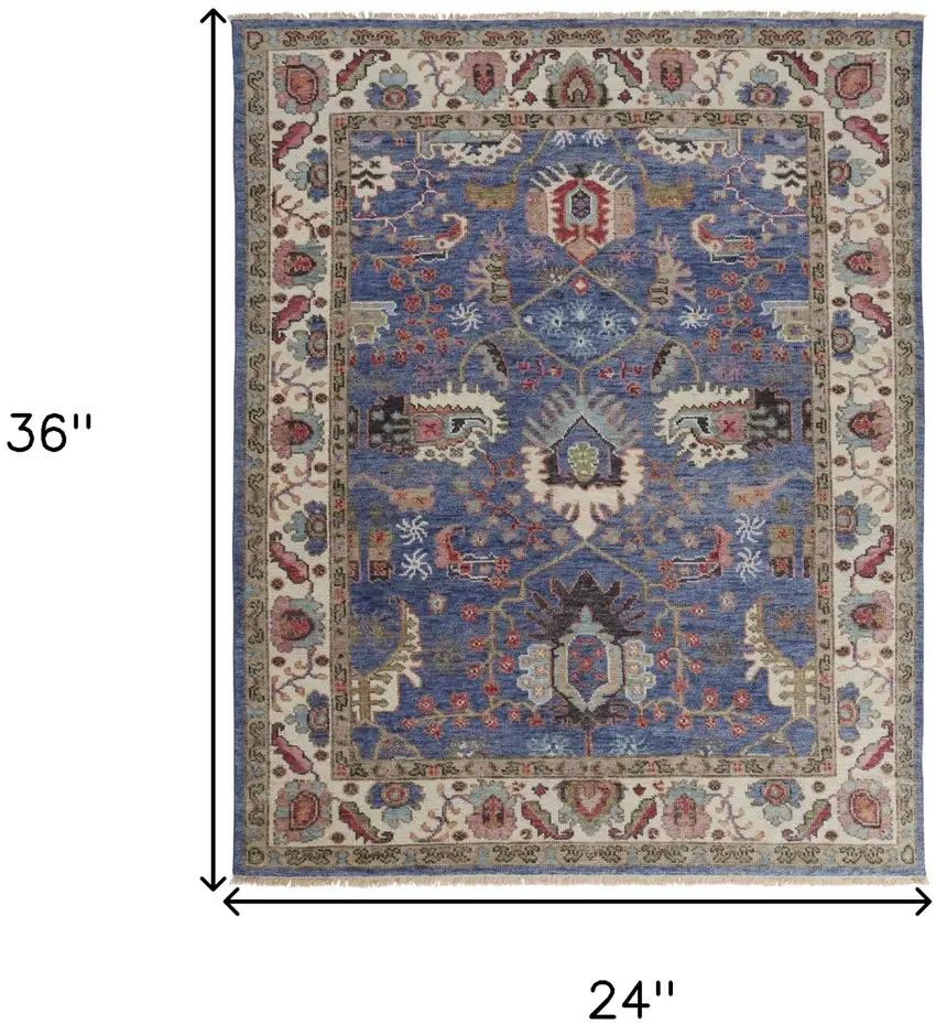 Blue And Red Wool Floral Hand Knotted Stain Resistant Area Rug Photo 10