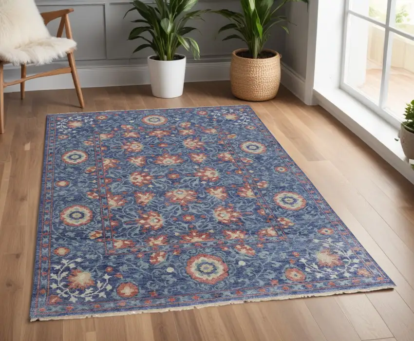 Blue and Beige Wool Floral Hand Knotted Area Rug Photo 1