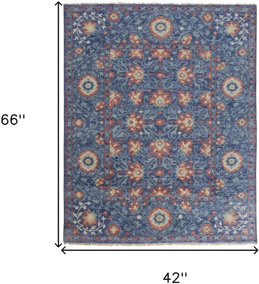 Blue And Red Wool Floral Hand Knotted Stain Resistant Area Rug Photo 10