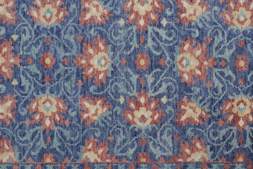 Blue And Red Wool Floral Hand Knotted Stain Resistant Area Rug Photo 8