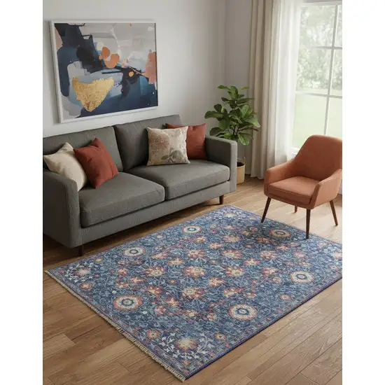 Blue And Red Wool Floral Hand Knotted Stain Resistant Area Rug Photo 1