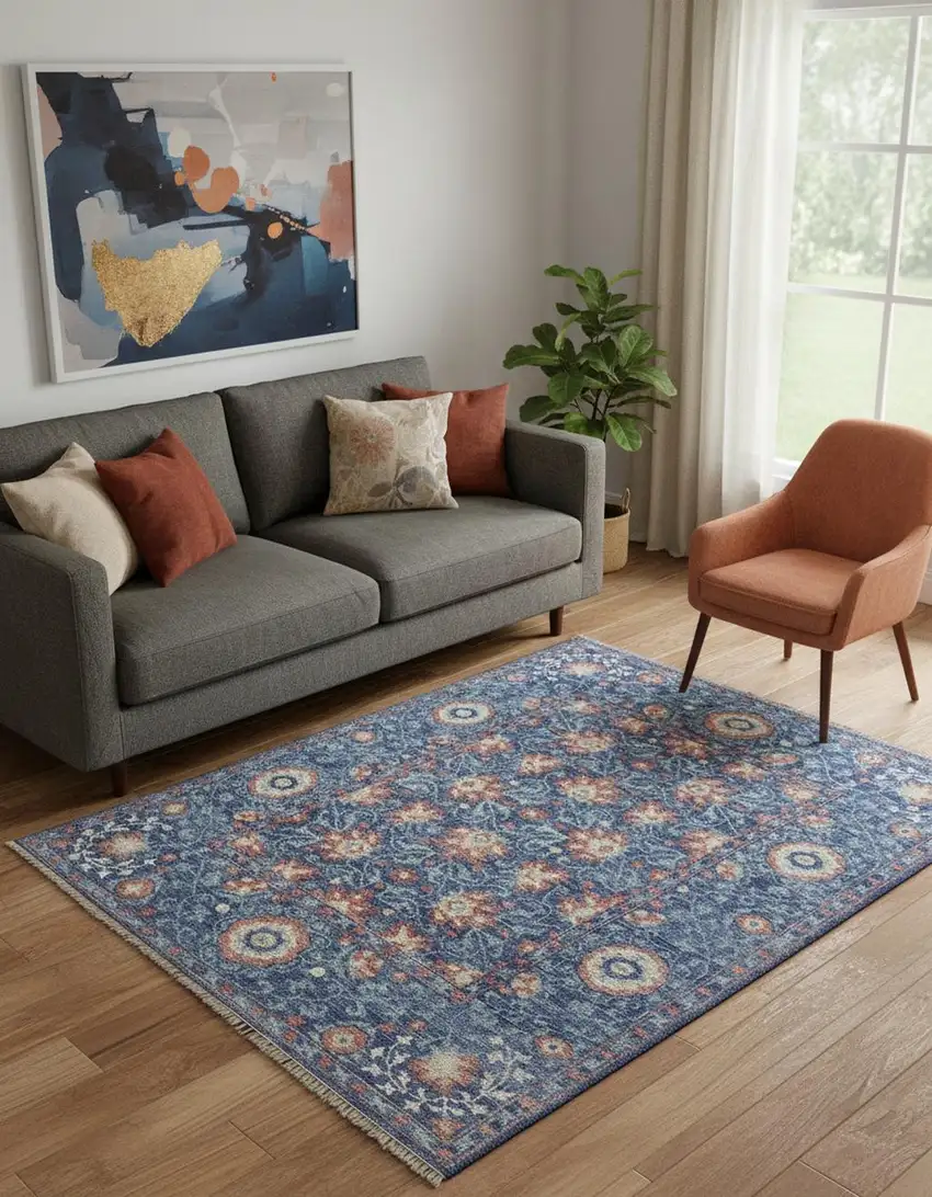 Blue And Red Wool Floral Hand Knotted Stain Resistant Area Rug Photo 1