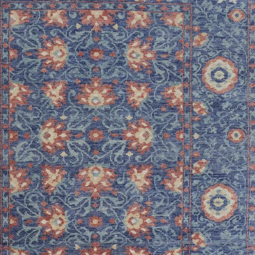 Blue And Red Wool Floral Hand Knotted Stain Resistant Area Rug Photo 4