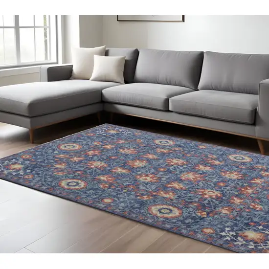Blue And Red Wool Floral Hand Knotted Stain Resistant Area Rug Photo 2