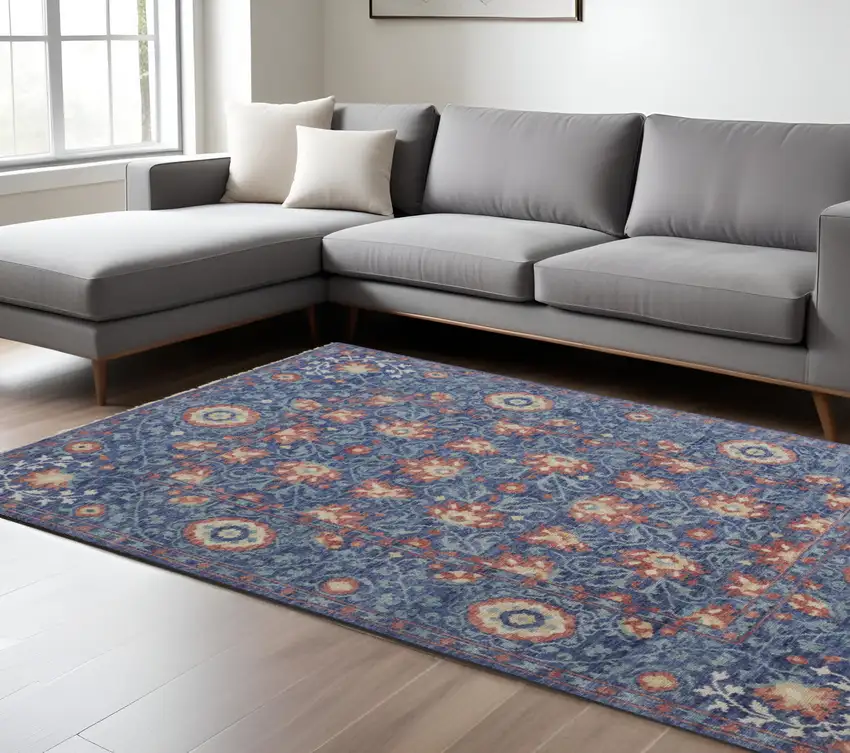 Blue And Red Wool Floral Hand Knotted Stain Resistant Area Rug Photo 2