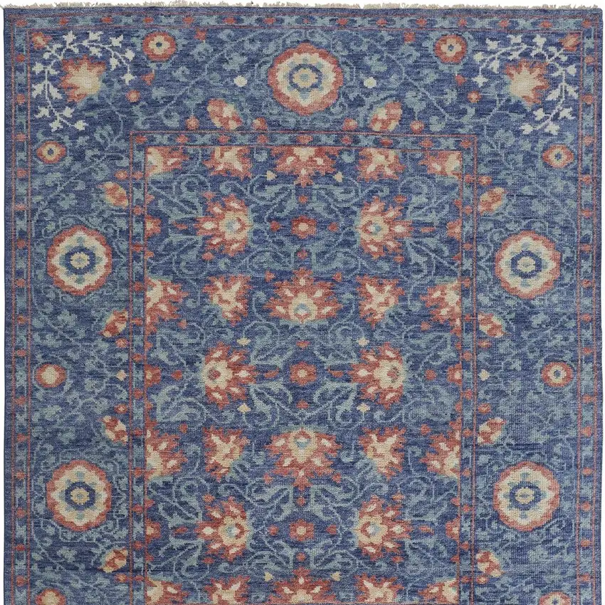 Blue And Red Wool Floral Hand Knotted Stain Resistant Area Rug Photo 5