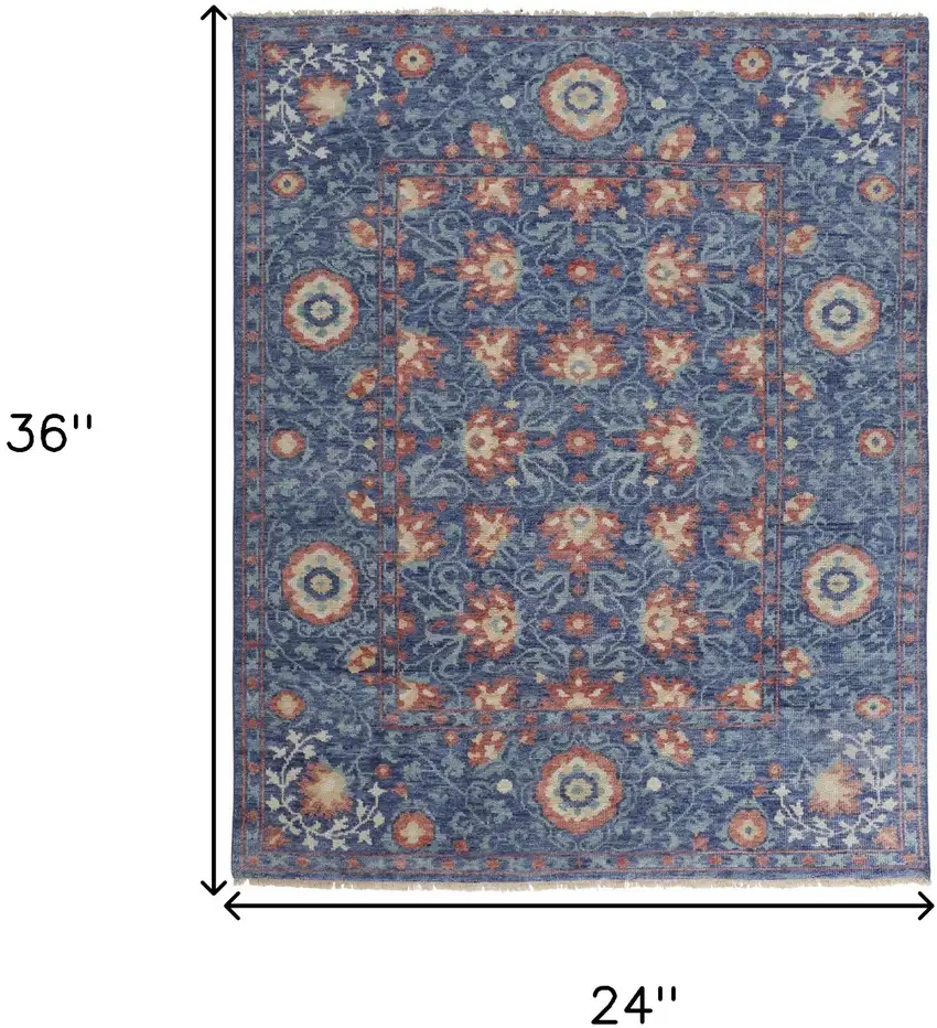 Blue And Red Wool Floral Hand Knotted Stain Resistant Area Rug Photo 10