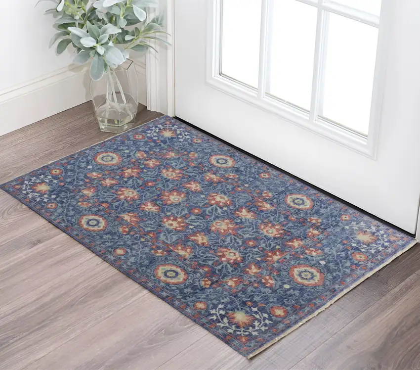 Blue and Beige Wool Floral Hand Knotted Area Rug Photo 1