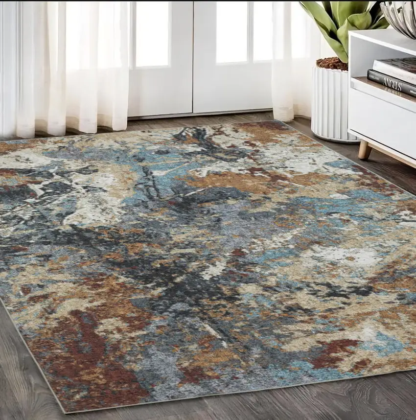 Blue And Rust Abstract Distressed Area Rug Photo 1