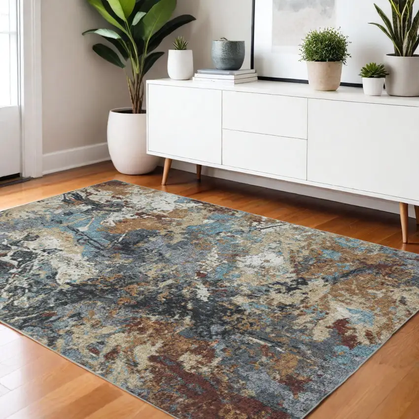 Blue And Rust Abstract Distressed Area Rug Photo 1