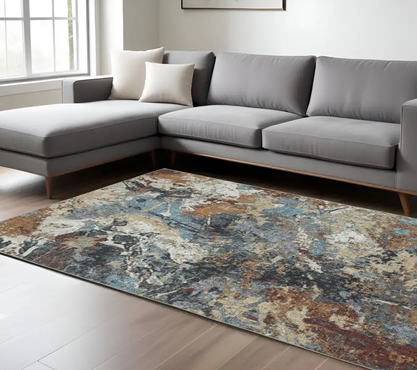 Blue And Rust Abstract Distressed Area Rug Photo 1