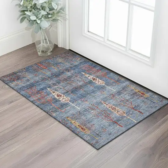 Blue And Rust Floral Washable Area Rug With UV Protection Photo 2