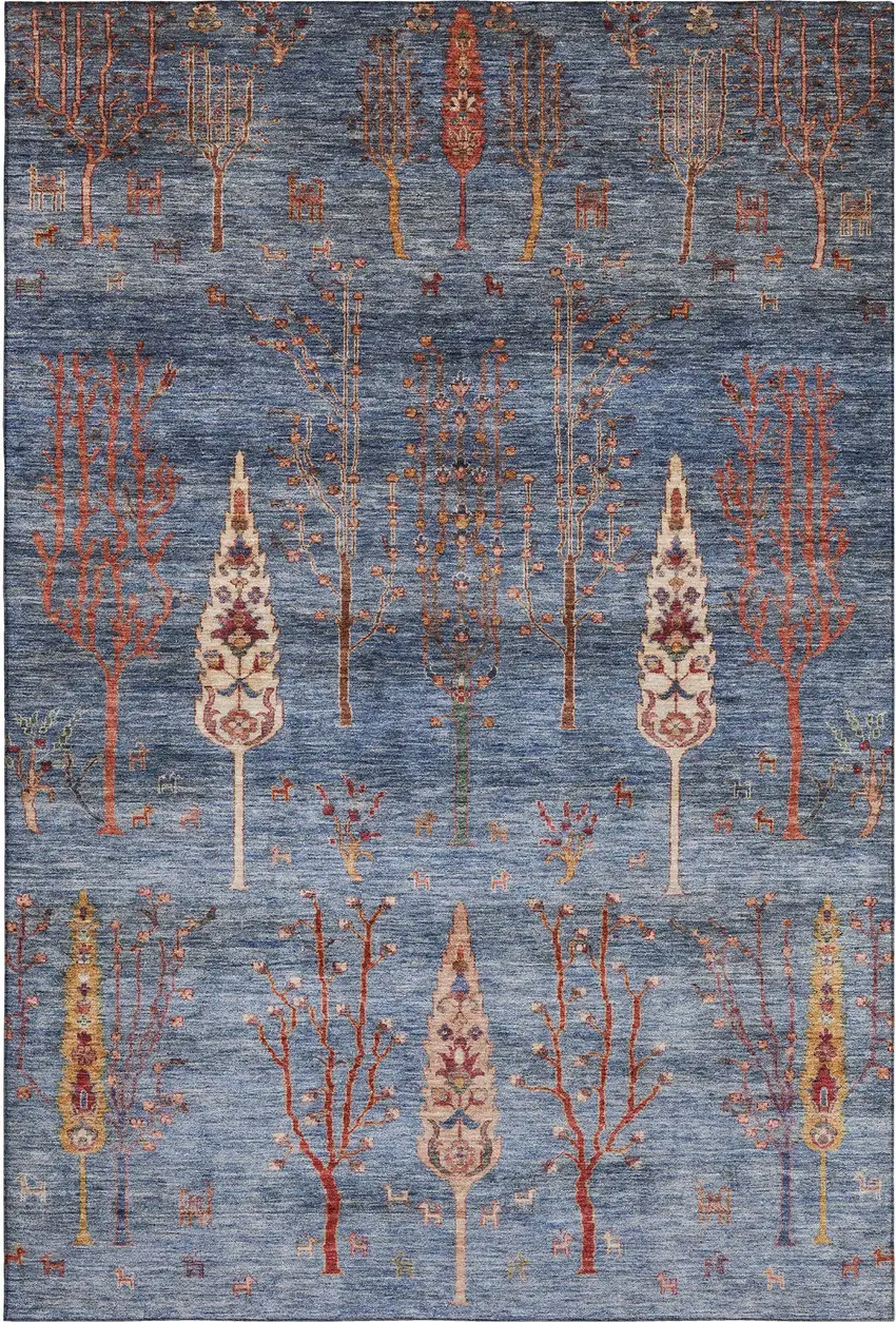Blue And Rust Floral Washable Area Rug With UV Protection Photo 1