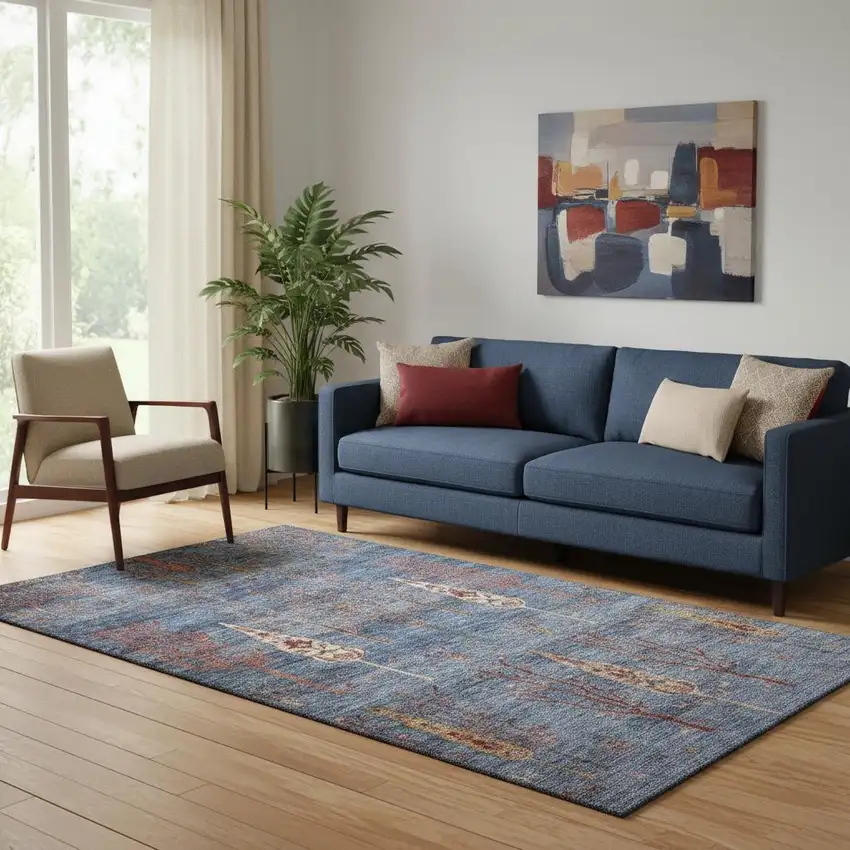 Blue And Rust Floral Washable Area Rug With UV Protection Photo 2