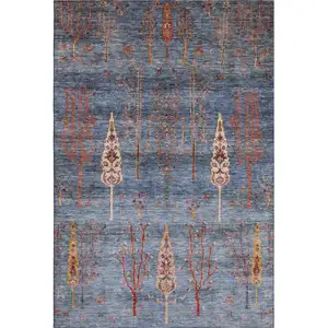 Photo of Blue And Rust Floral Washable Area Rug With UV Protection