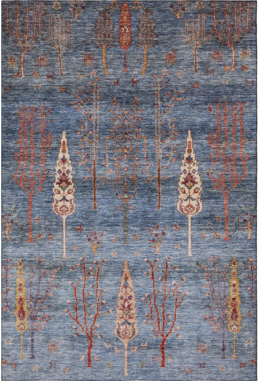 Blue And Rust Floral Washable Area Rug With UV Protection Photo 4