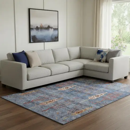 Blue And Rust Floral Washable Area Rug With UV Protection Photo 2