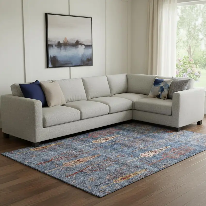 Blue And Rust Floral Washable Area Rug With UV Protection Photo 2