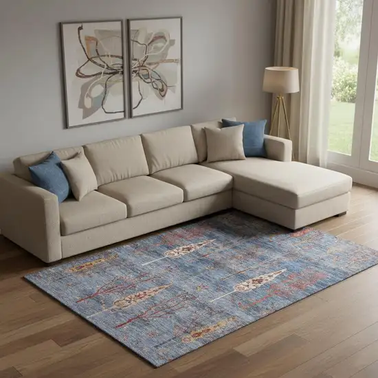 Blue And Rust Floral Washable Area Rug With UV Protection Photo 2