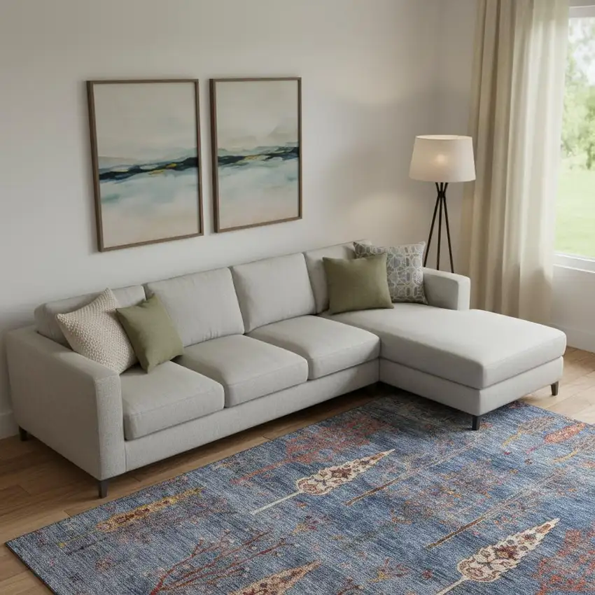 Blue And Rust Floral Washable Area Rug With UV Protection Photo 2