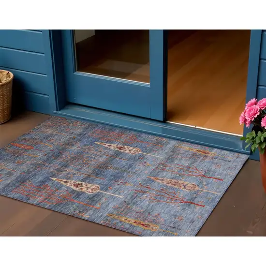 Blue And Rust Floral Washable Indoor Outdoor Area Rug Photo 2