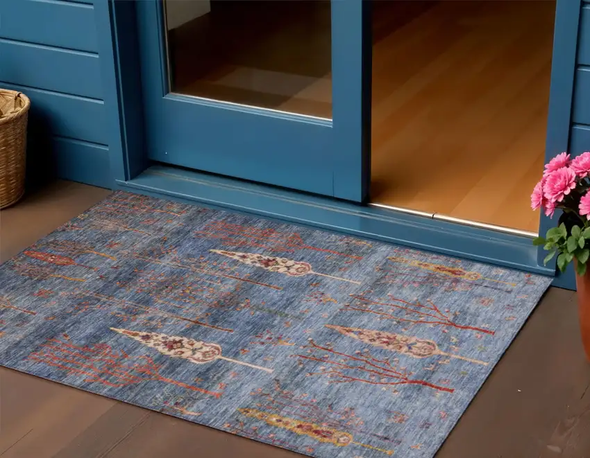 Blue And Rust Floral Washable Indoor Outdoor Area Rug Photo 2