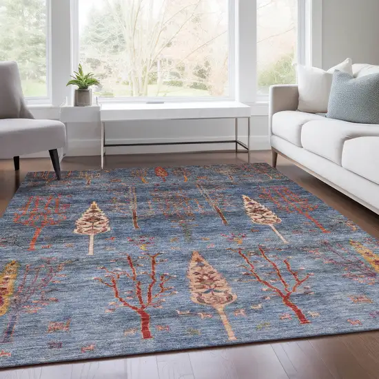 Blue And Rust Floral Washable Indoor Outdoor Area Rug Photo 7