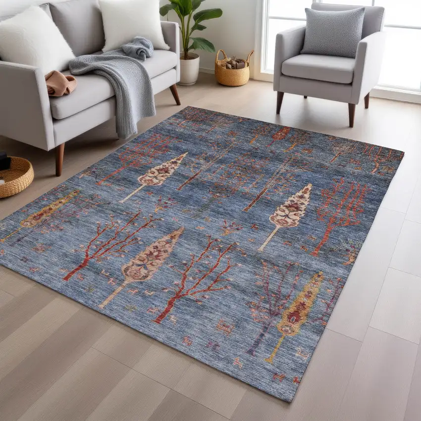 Blue And Rust Floral Washable Indoor Outdoor Area Rug Photo 6