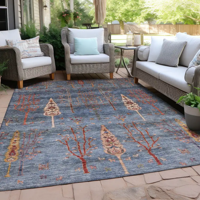 Blue And Rust Floral Washable Indoor Outdoor Area Rug Photo 5