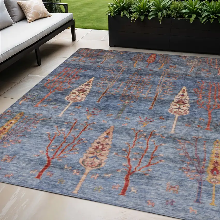Blue And Rust Floral Washable Indoor Outdoor Area Rug Photo 2