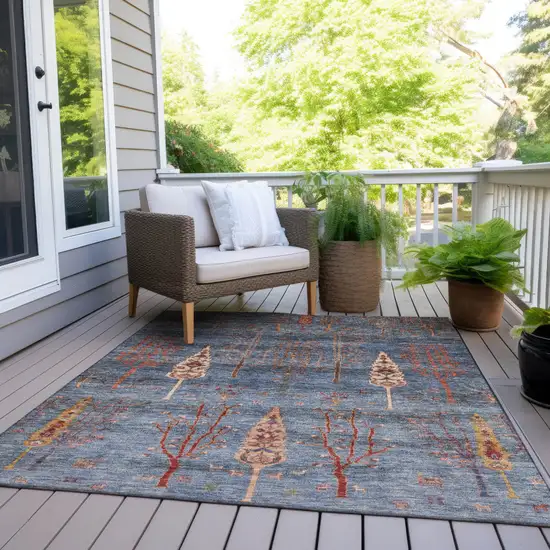 Blue And Rust Floral Washable Indoor Outdoor Area Rug Photo 8