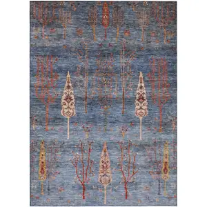Photo of Blue And Rust Floral Washable Indoor Outdoor Area Rug