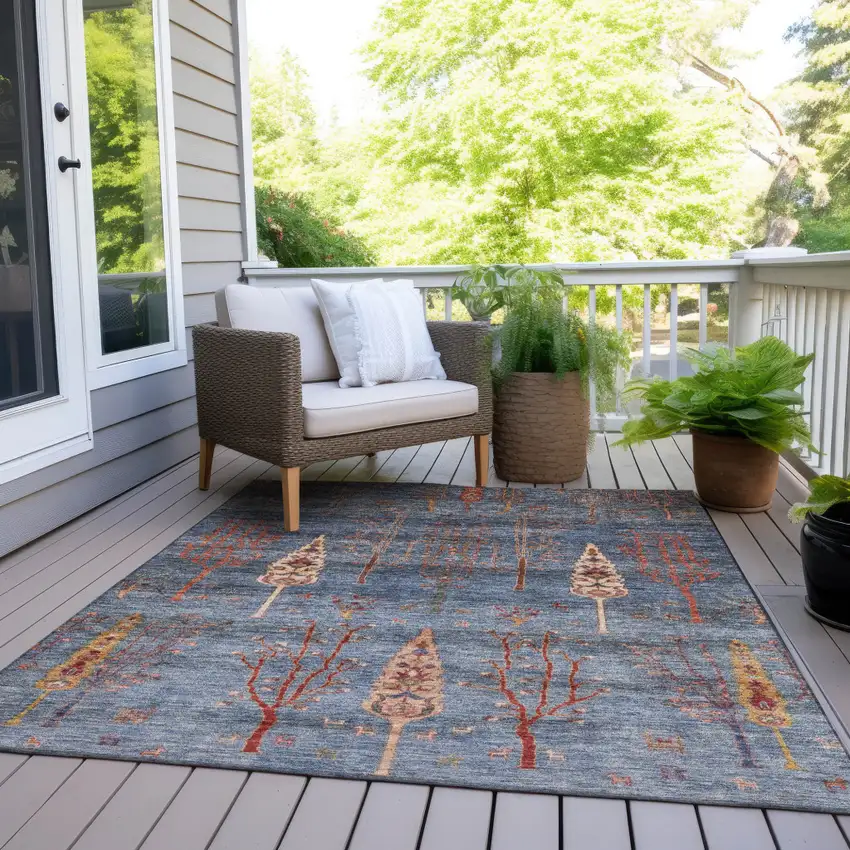 Blue And Rust Floral Washable Indoor Outdoor Area Rug Photo 8