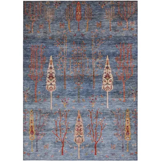 Blue And Rust Floral Washable Indoor Outdoor Area Rug Photo 3