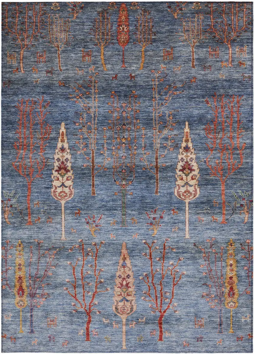 Blue And Rust Floral Washable Indoor Outdoor Area Rug Photo 3