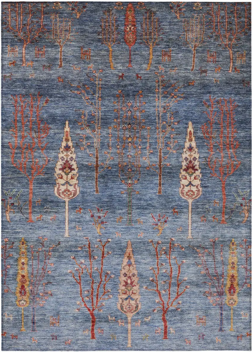 Blue And Rust Floral Washable Indoor Outdoor Area Rug Photo 1