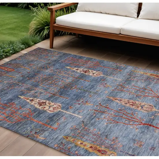 Blue And Rust Floral Washable Indoor Outdoor Area Rug Photo 2