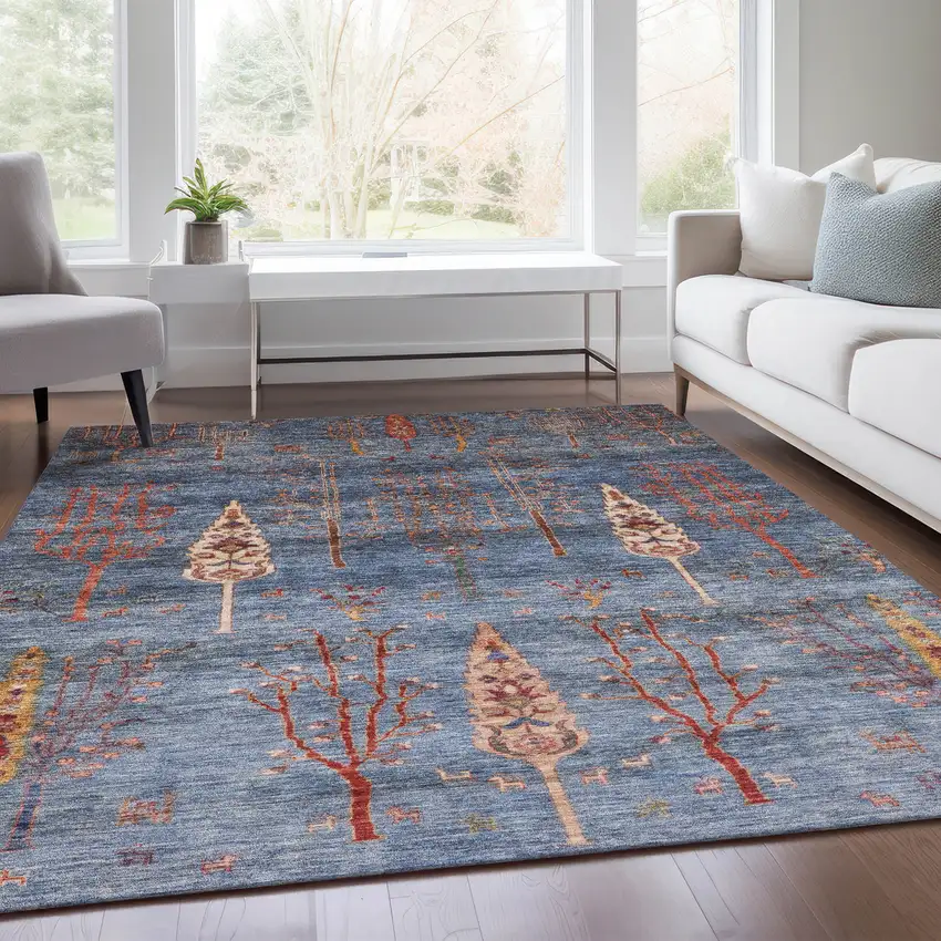 Blue And Rust Floral Washable Indoor Outdoor Area Rug Photo 7