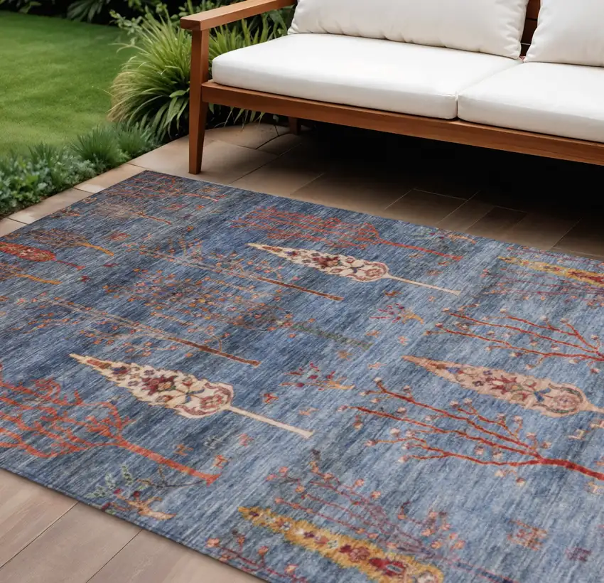 Blue And Rust Floral Washable Indoor Outdoor Area Rug Photo 2