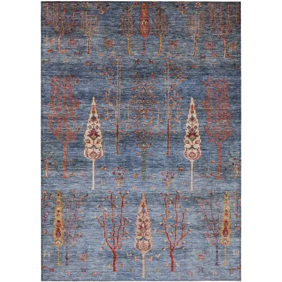 Blue And Rust Floral Washable Indoor Outdoor Area Rug Photo 1