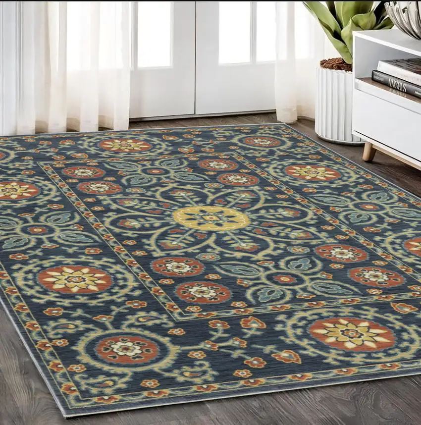 Blue And Rust Medallion Area Rug With Fringe Photo 1