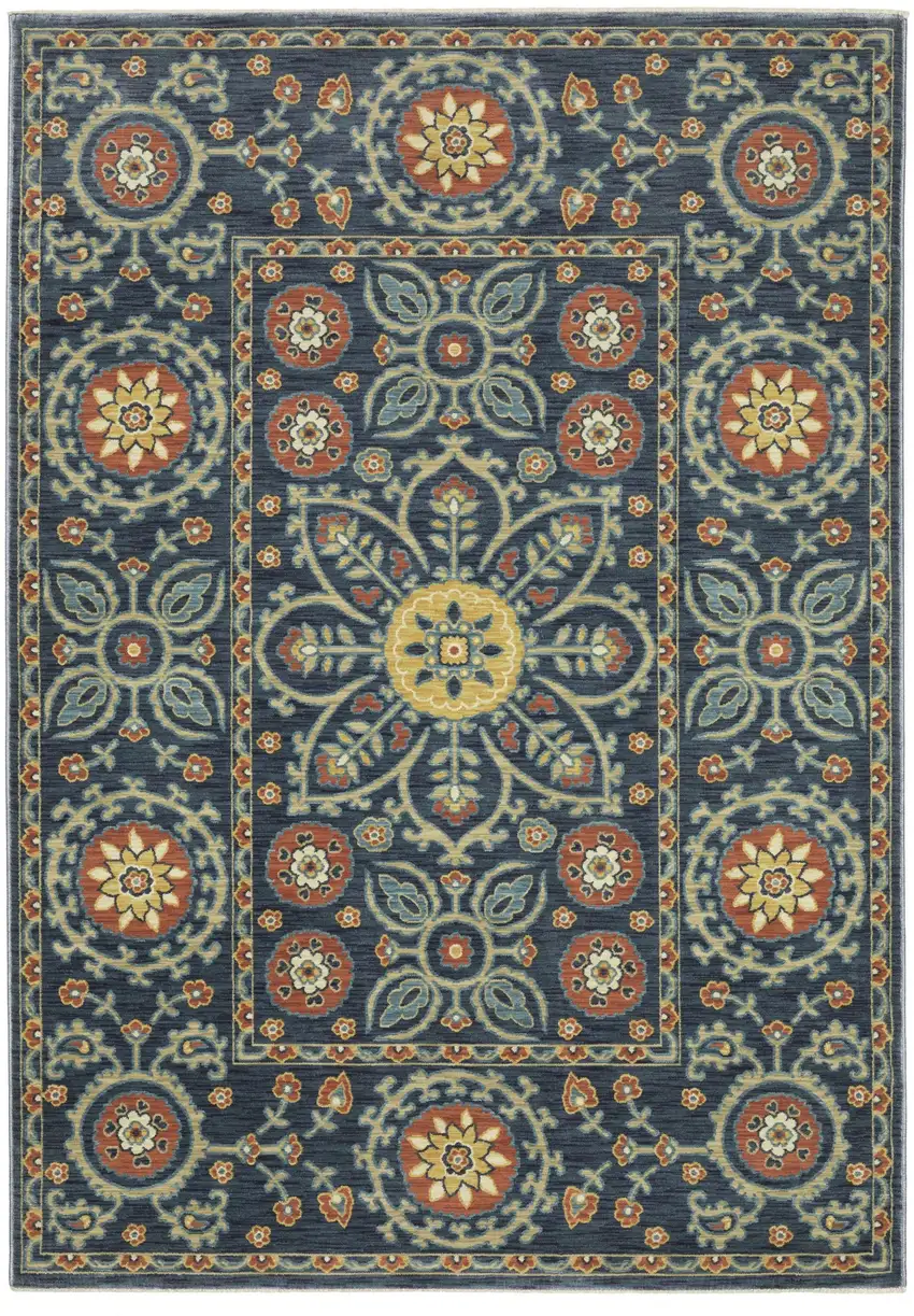 Blue And Rust Medallion Area Rug With Fringe Photo 2