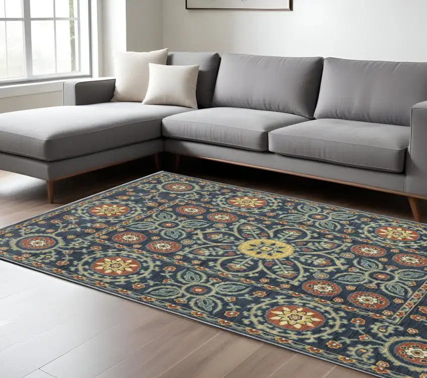 Blue And Rust Medallion Area Rug With Fringe Photo 1