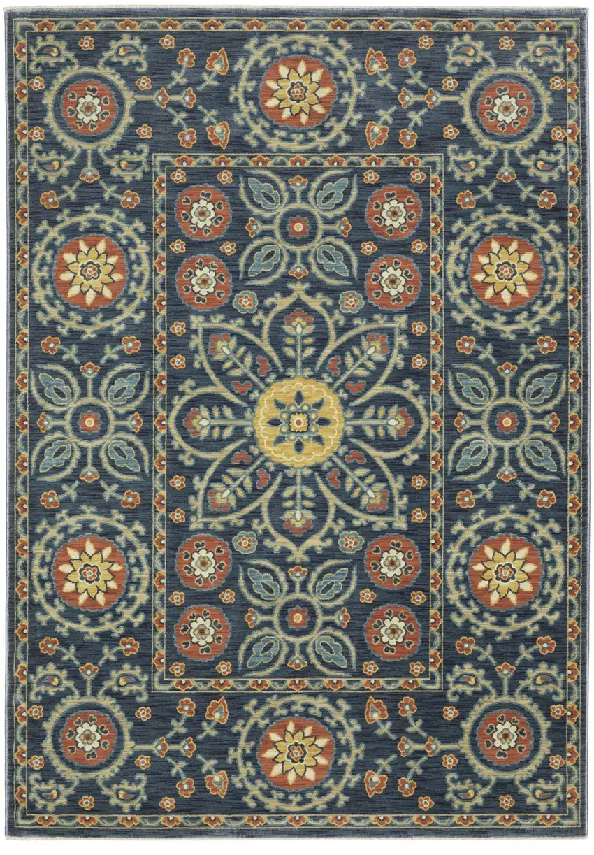 Blue And Rust Medallion Area Rug With Fringe Photo 5