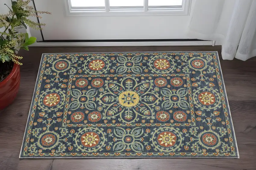 Blue And Rust Medallion Area Rug With Fringe Photo 1