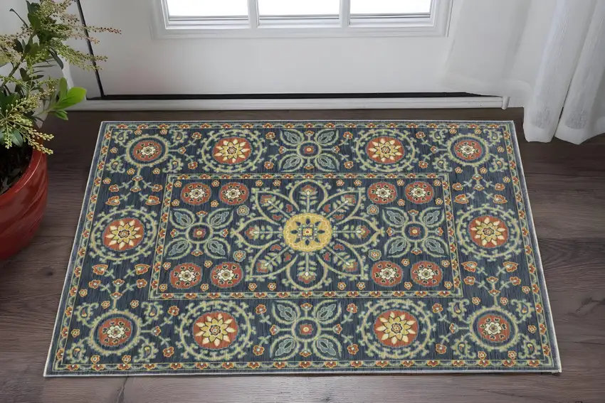 Blue And Rust Medallion Area Rug With Fringe Photo 1