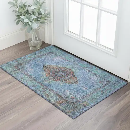Blue And Rust Medallion Washable Area Rug With UV Protection Photo 2