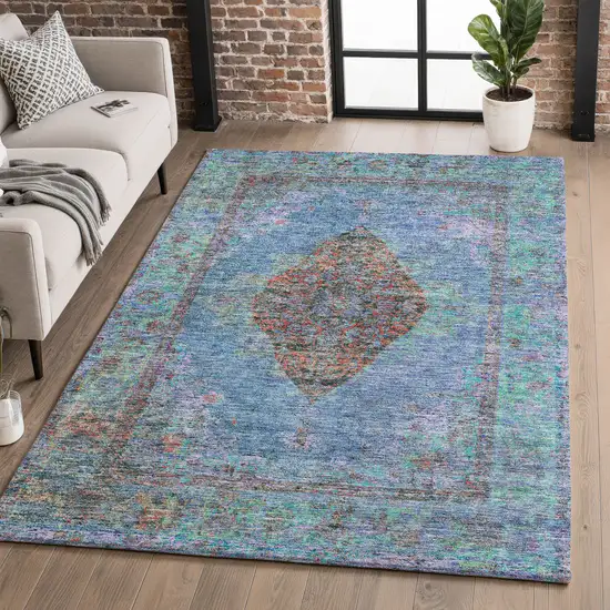 Blue And Rust Medallion Washable Area Rug With UV Protection Photo 5