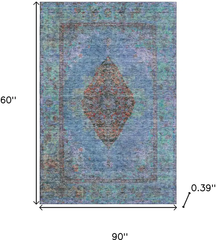 Blue And Rust Medallion Washable Area Rug With UV Protection Photo 9