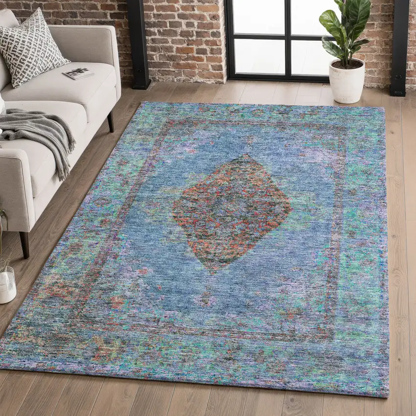 Blue And Rust Medallion Washable Area Rug With UV Protection Photo 5